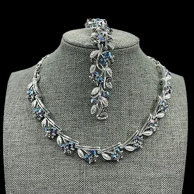 Lisner Signed Aurora Borealis Rhinestone Flower Leaf Necklace & Bracelet Set VTG • $48