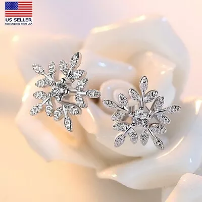 $9.99 • Buy Women 925 Sterling Silver Jewelry Crystal Earrings Snowflake Leaves Studs 0162