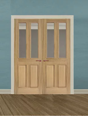 Door Pair Internal French Doors 2 Panel 2 Light Clear Glass RM2S Oak Unfinished • £329.99