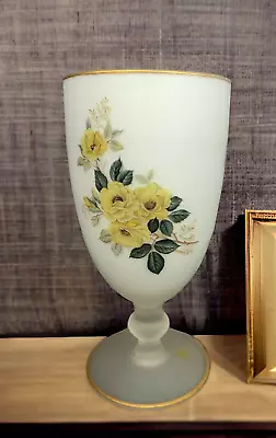 White Frosted Glass Vase / Goblet Shape Yellow Roses Vintage Satin Glass • $19.99