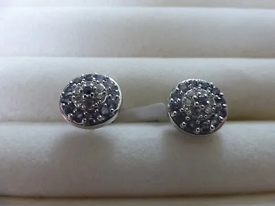 Beautiful Iolite And White Zircon Stud Earrings In Sterling Silver. 11mm Round • £22