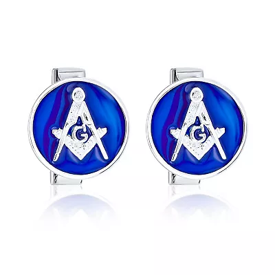 Freemasons Masonic Compass Circle Cufflinks Blue Sterling Silver • $59.99