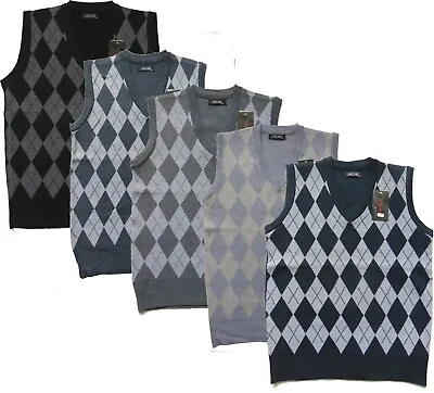 Men's Argyle V Neck Sleeveless Sweater Jumper Tank Top Jersey Golf Casual M-2XL • £10.45