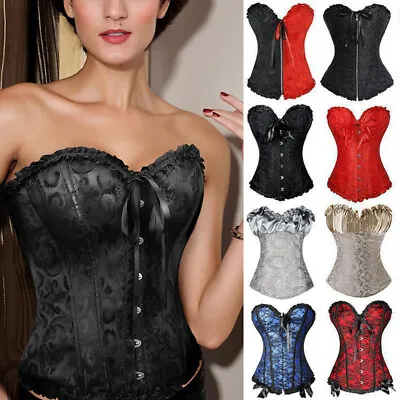 Women Black Overbust Boned Corsets Burlesque Basque Hot Lace~Up Shaper Plus Size • £12.79