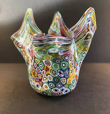 MURANO Venetian Blown Glass Millefiori Handkerchief Vase Vtg MINT 5  • $80