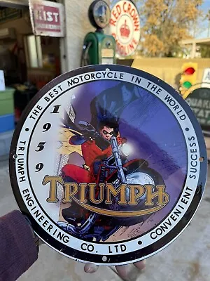 VINTAGE Triumph Motorcycle 12” GASOLINE / MOTOR OIL PORCELAIN GAS PUMP SIGN • $135