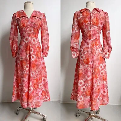 60s Vintage Pink Floral Dress Pastel Watercolour Daisy Pattern Long Puff Sleeve • $75