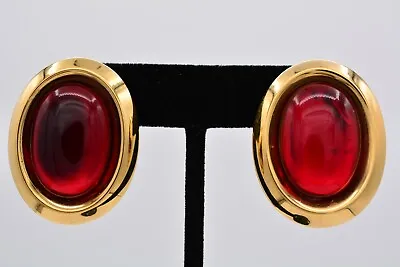 Monet Vintage Cabochon Earrings Red Jelly Gold Tone Oval Chunky Signed 80s Bin4 • $55.96