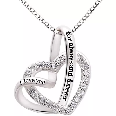 I Love You For Always And Forever Love Heart Zircon Necklace Silver Jewelry Gift • $0.01