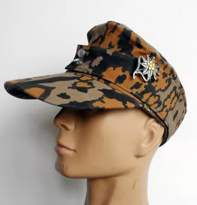 WWII German M43 Oak Camo Field Cap Hat & German Edelweiss Badge Pin Size 57cm • $18.59