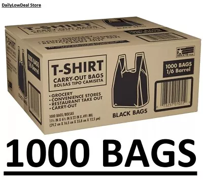 1000 Bags 1/6 Black (21 X 6.5 X 11.5) T-Shirt Plastic Grocery Shopping Bag NEW • $35.80