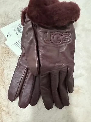 Ugg Burgundy Leather Fur Trim Logo Gloves Large Women’s • $50