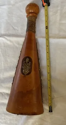 Vintage Italian Leather Covered Wine Bottle With Coat Of Arms Metal Flowers 16” • $27.99