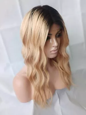 100% Human Hair Wig 20  Long Warm Blonde 18 Black Roots Glueless Front Lace 180% • £199.99