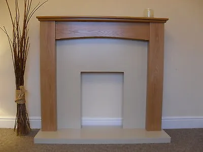 Gas Electric Oak Wood Surround Cream Marble Stone Wall Hung Fire Fireplace Suite • £554