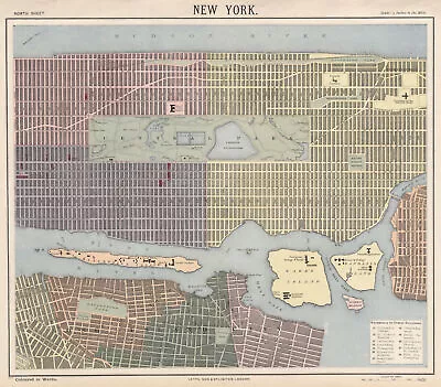 NEW YORK CITY Town Map Plan. Midtown/Upper Manhattan Brooklyn. LETTS 1889 • £130