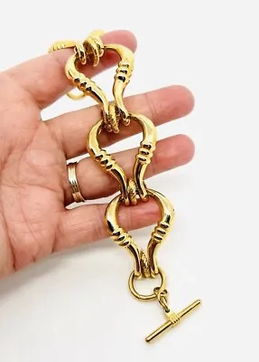 Wide Chunky Gold Tone Horse Bit Link Bracelet Toggle Clasp Vintage Jewelry • £38.91