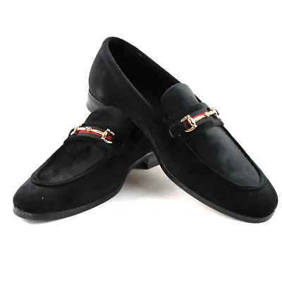 Men's Black Velvet Slip On Gold Buckle Dress Shoes Loafers Formal By AZARMAN • $44.95