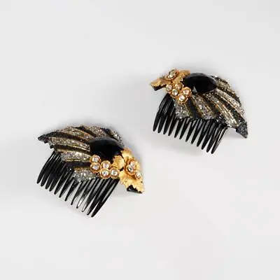 Pair Vntg. France Embellished Hair Combs Goldtone Flowers/Crystals/Bling! • $100