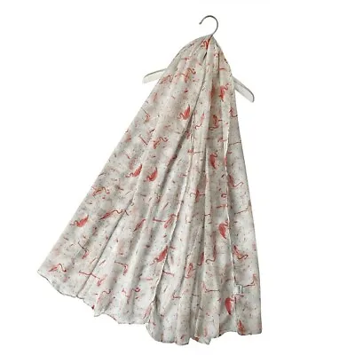 £4.99 • Buy Flamingo And Polka Dot Print Ladies Scarf Soft White Lovely Gift Idea