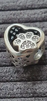 £7.50 • Buy S925 Silver - Pave Paw Print Within An Open Heart Charm - 1.85 G - Pandora Type