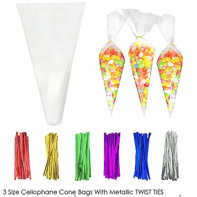 3 Size Cellophane Cone Bags CHOOSE Metallic TWIST TIES Party Sweet Cello Candy • £1.96