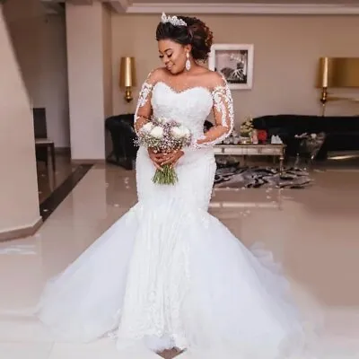 Luxury Beading Mermaid Wedding Dress Long Sleeves Appliques Pearls Bridal Gowns • $147.80