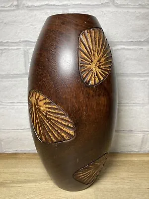 Carved Wooden Vase Floral Leaf Design Handcrafted Brown 28 Cm Tall Decorative • £21.49