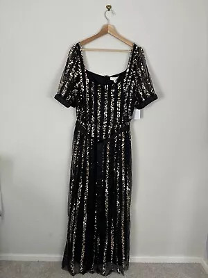 Maya Deluxe Women's Dress Size 24 Black Gold Sequin Square Neck Evening Occasion • £39.95