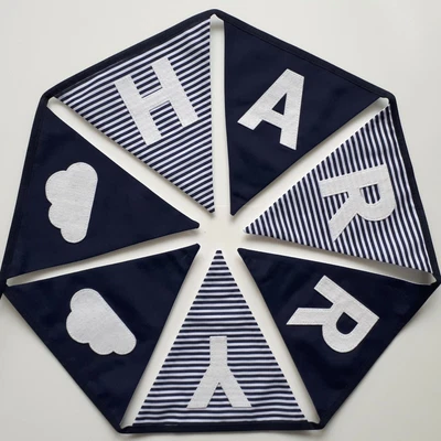 £2.25 • Buy Personalised Navy & White Cloud / Star Fabric Bunting ~ Baby Boy ~ Nursery Decor