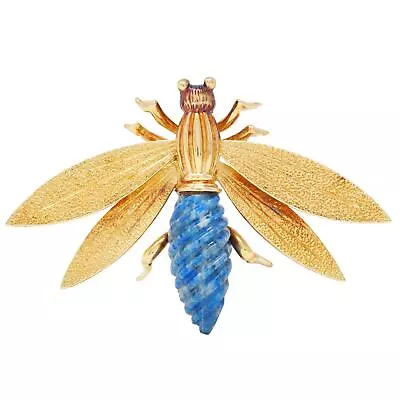 Vintage French Lapis Lazuli 18 Karat Yellow Gold Bug Brooch • $1750