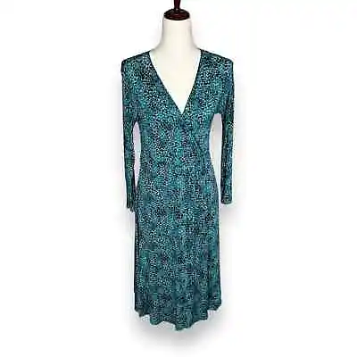 Max Mara Blue Printed Midi Dress Size 46 Made In Italy Faux Wrap Silk Stretch • $48.99