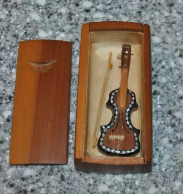 Vintage Miniature Violin Inlaid Mother Of Pearl / Abalone With Bow In Wooden Box • $19.99