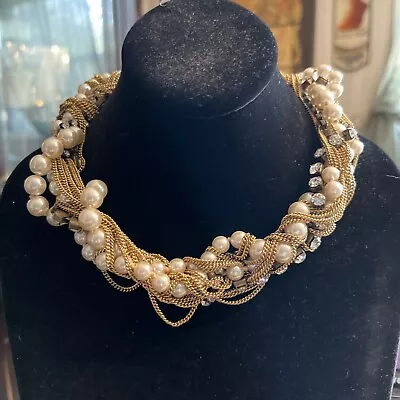 J.Crew Mixed Media Twisted Necklace With Faux Pearls  Goldtone Rhinestones • $35