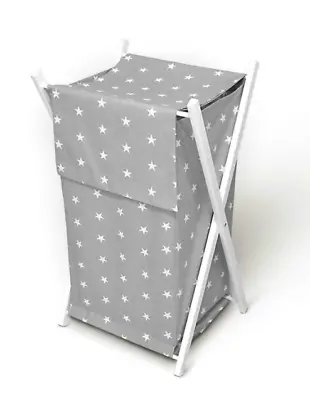 LAUNDRY BASKET WITH WHITE FRAME STORAGE REMOVABLE LINEN  Small  Stars On Grey • £24.99