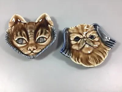 Wade Porcelain Pet Faces Cat And Pekingese Dog Pin Dishes/wall Hangings • £6