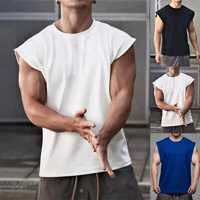 Mens Sleeveless Tank Vest Tops Bodybuilding Gym Sports Muscle Grandad T-Shirt • £2.49