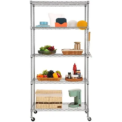 5 Tier Metal Wire Shelving Unit Storage Rack Shelf Kitchen Stand Shelves +Wheels • £50.41