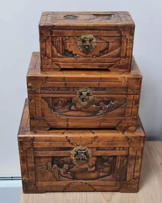 Antique Hand Carved Chinese Camphor Wood Set Of Three Chests • £95