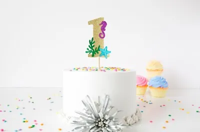 Under The Sea Cake Topper 5.5  GLITTER Birthday AGE Mermaid Theme Choose Number • $5.56