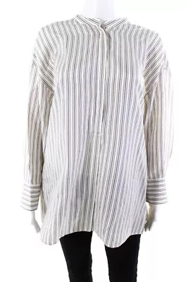 Vince Womens White Silk Striped Henley Neck Long Sleeve Blouse Top Size L • $41.49