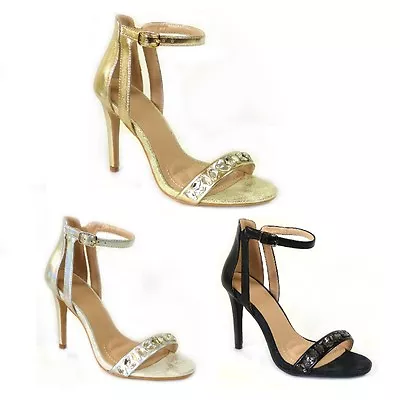 £9.99 • Buy Ladies Stiletto Ankle Cuff Strap Womens High Heel Strappy Sandals Peep Toe Shoes