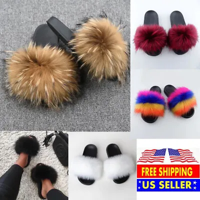 $9.99 • Buy Faux Fur Slides Fuzzy Fluffy Slippers Flat Soft Sandals Open Toe - US Seller
