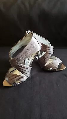 Nina New York 7.5M Pewter Silver Cross Strap Open Toe Stilleto Heels Back Zip • $17.99