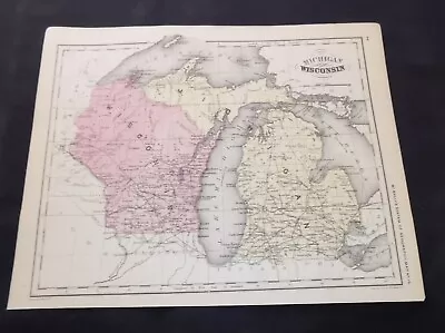 1876 Antique COLOR Atlas Map  / WISCONSIN MICHIGAN • $19.99