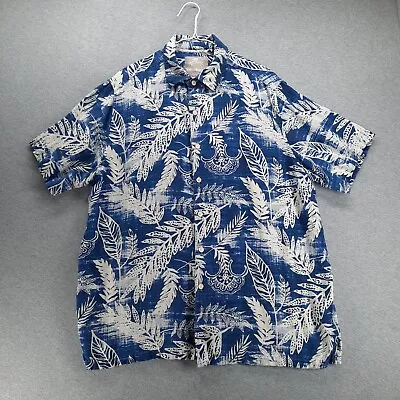 Margaritaville Shirt Mens XL Blue White Leaf Hawaiian Short Sleeve Silk Linen • $19.83