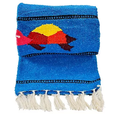 Blue Mexican Blanket Yoga Mat Traditional Sea Turtle Style Serape Falsa XL Throw • $54.99