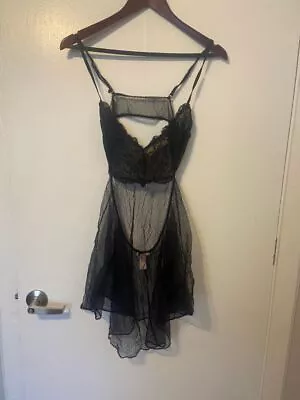 Victoria's Secret Black Silver Mesh Lace Babydoll Mini Cut Out Slip Dress Sz Lg • $30