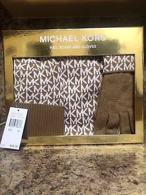 MICHAEL KORS Brown & White 3-Piece Set Knit Scarf Hat & Gloves - New In Box • $44.99