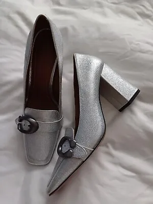 Coach Court Pumps Silver Shoes Crackled Leather Logo Buckle Heels Size 37 UK 4 • £95